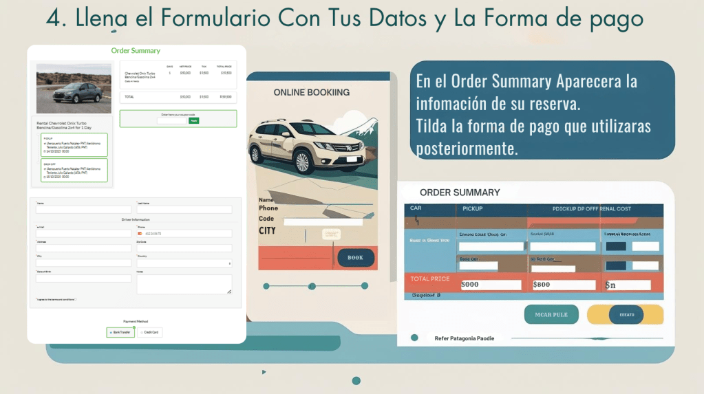 En pantalla aparecerá el resumen de tú reserva y el formulario para ingreses tus datos y la forma de Pago con la que cancelaras posteriormente. (verifica los requisitos de arriendo)
